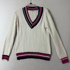 Trina Turk sweater sz M cable knit v neck blue pink tenniscore preppy